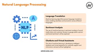 Language Translation
Sentiment Analysis
Chatbots and Virtual Assistants
Machine learning algorithms power language translation
tools, enabling seamless communication across different
languages.
The use of machine learning in sentiment analysis of social
media data and customer reviews to gauge public opinion
and brand sentiment will be explored.
The role of machine learning in developing intelligent
chatbots and virtual assistants for customer support and
information retrieval will be highlighted.
Natural Language Processing
ashokveda.com
 