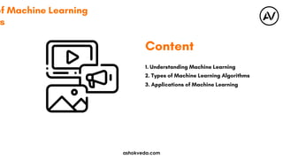 Content
1. Understanding Machine Learning
2. Types of Machine Learning Algorithms
3. Applications of Machine Learning
of Machine Learning
s
ashokveda.com
 