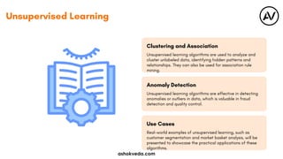 Clustering and Association
Anomaly Detection
Use Cases
Unsupervised learning algorithms are used to analyze and
cluster unlabeled data, identifying hidden patterns and
relationships. They can also be used for association rule
mining.
Unsupervised learning algorithms are effective in detecting
anomalies or outliers in data, which is valuable in fraud
detection and quality control.
Real-world examples of unsupervised learning, such as
customer segmentation and market basket analysis, will be
presented to showcase the practical applications of these
algorithms.
Unsupervised Learning
ashokveda.com
 