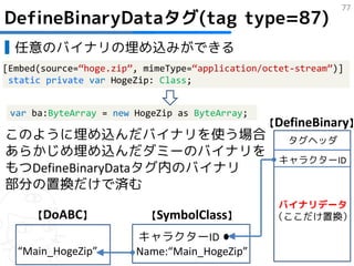 77
DefineBinaryDataタグ(tag type=87)
▋ 任意のバイナリの埋め込みができる
[Embed(source=“hoge.zip”, mimeType=“application/octet-stream”)]
 static private var HogeZip: Class;


 var ba:ByteArray = new HogeZip as ByteArray;
                                                【DefineBinary】
このように埋め込んだバイナリを使う場合                                 タグヘッダ
あらかじめ埋め込んだダミーのバイナリを
                                                   キャラクターID
もつDefineBinaryDataタグ内のバイナリ
部分の置換だけで済む
                                                   バイナリデータ
     【DoABC】              【SymbolClass】           （ここだけ置換）

                        キャラクターID
  “Main_HogeZip”        Name:“Main_HogeZip”
 