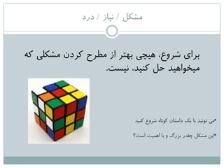 ‫هؾکل‬/‫ًیاس‬/‫درد‬
ِ‫ک‬ ‫هؾکلی‬ ‫کزدى‬ ‫هطزح‬ ‫اس‬ ‫تْتز‬ ‫ّیچی‬ ،‫ؽزٍع‬ ‫تزای‬
‫ًیغت‬ ،‫کٌیذ‬ ‫حل‬ ‫هیخَاّیذ‬.
•‫کٌیذ‬ ‫ؽزٍع‬ ُ‫کَتا‬ ‫داعتاى‬ ‫یک‬ ‫تا‬ ‫تًَیذ‬ ‫هی‬
•‫اعت؟‬ ‫اّویت‬ ‫تا‬ ٍ ‫تشرگ‬ ‫چقذر‬ ‫هؾکل‬ ‫ایي‬
 