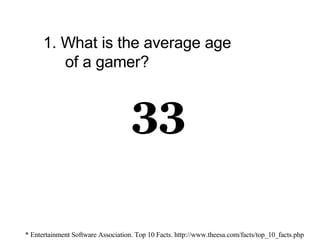 1. What is the average age    of a gamer? * Entertainment Software Association. Top 10 Facts. http://www.theesa.com/facts/top_10_facts.php 33 