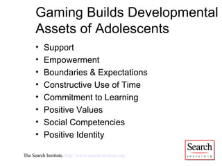 Gaming Builds Developmental Assets of Adolescents Support Empowerment Boundaries & Expectations Constructive Use of Time Commitment to Learning Positive Values Social Competencies Positive Identity The Search Institute.  http://www.search-institute.org   