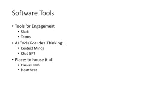 Software Tools
• Tools for Engagement
• Slack
• Teams
• AI Tools For Idea Thinking:
• Context Minds
• Chat GPT
• Places to...