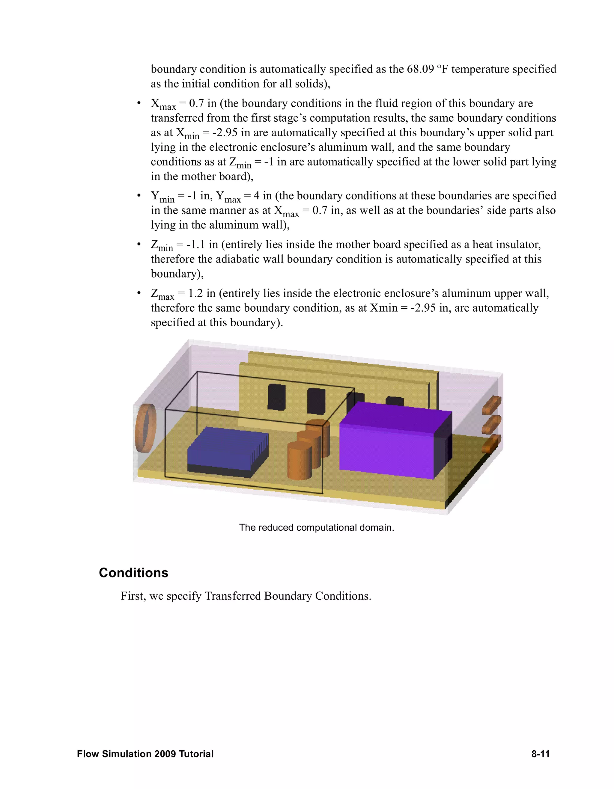 boundary condition is automatically specified as the 68.09 °F temperature specified 
as the initial condition for all solids), 
• Xmax = 0.7 in (the boundary conditions in the fluid region of this boundary are 
transferred from the first stage’s computation results, the same boundary conditions 
as at Xmin = -2.95 in are automatically specified at this boundary’s upper solid part 
lying in the electronic enclosure’s aluminum wall, and the same boundary 
conditions as at Zmin = -1 in are automatically specified at the lower solid part lying 
in the mother board), 
• Ymin = -1 in, Ymax = 4 in (the boundary conditions at these boundaries are specified 
in the same manner as at Xmax = 0.7 in, as well as at the boundaries’ side parts also 
lying in the aluminum wall), 
• Zmin = -1.1 in (entirely lies inside the mother board specified as a heat insulator, 
therefore the adiabatic wall boundary condition is automatically specified at this 
boundary), 
• Zmax = 1.2 in (entirely lies inside the electronic enclosure’s aluminum upper wall, 
therefore the same boundary condition, as at Xmin = -2.95 in, are automatically 
specified at this boundary). 
Conditions 
The reduced computational domain. 
First, we specify Transferred Boundary Conditions. 
Flow Simulation 2009 Tutorial 8-11 
 