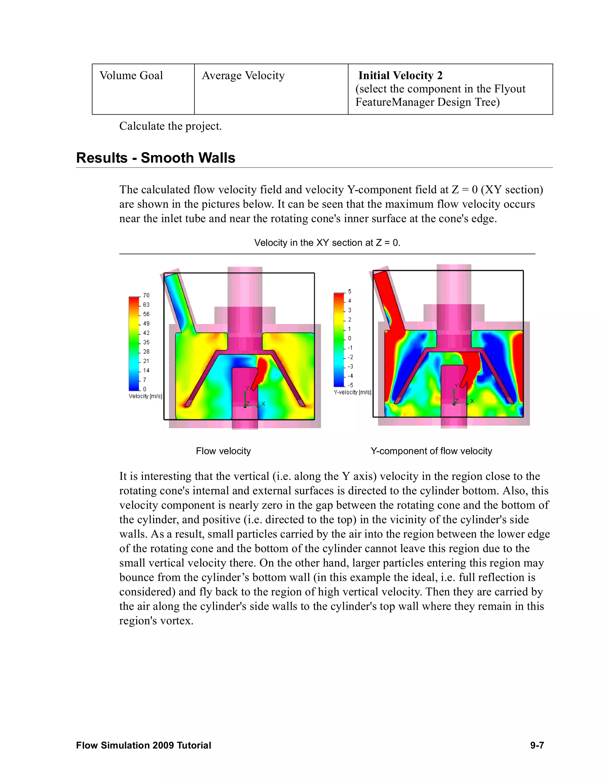 Volume Goal Average Velocity Initial Velocity 2 
Calculate the project. 
Results - Smooth Walls 
(select the component in the Flyout 
FeatureManager Design Tree) 
The calculated flow velocity field and velocity Y-component field at Z = 0 (XY section) 
are shown in the pictures below. It can be seen that the maximum flow velocity occurs 
near the inlet tube and near the rotating cone's inner surface at the cone's edge. 
Velocity in the XY section at Z = 0. 
Flow velocity Y-component of flow velocity 
It is interesting that the vertical (i.e. along the Y axis) velocity in the region close to the 
rotating cone's internal and external surfaces is directed to the cylinder bottom. Also, this 
velocity component is nearly zero in the gap between the rotating cone and the bottom of 
the cylinder, and positive (i.e. directed to the top) in the vicinity of the cylinder's side 
walls. As a result, small particles carried by the air into the region between the lower edge 
of the rotating cone and the bottom of the cylinder cannot leave this region due to the 
small vertical velocity there. On the other hand, larger particles entering this region may 
bounce from the cylinder’s bottom wall (in this example the ideal, i.e. full reflection is 
considered) and fly back to the region of high vertical velocity. Then they are carried by 
the air along the cylinder's side walls to the cylinder's top wall where they remain in this 
region's vortex. 
Flow Simulation 2009 Tutorial 9-7 
 