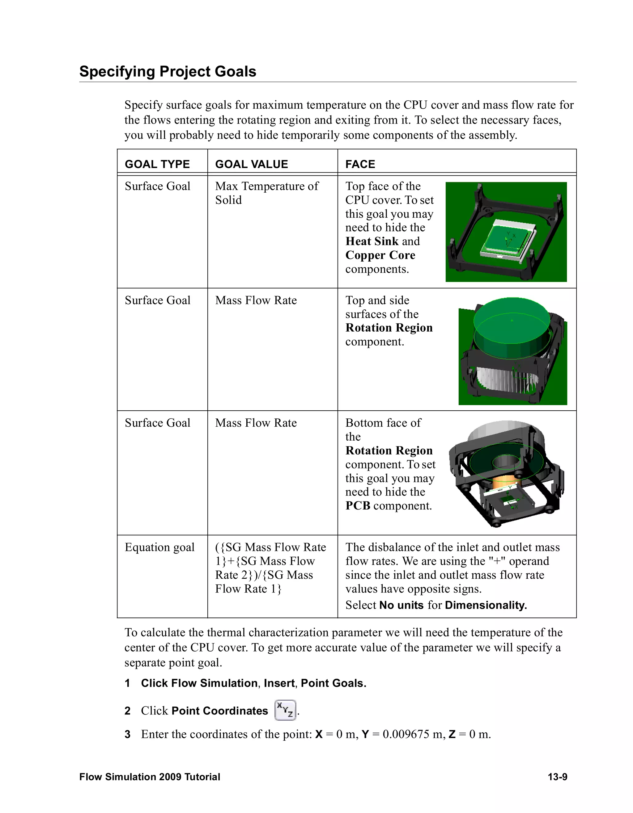 Specifying Project Goals 
Specify surface goals for maximum temperature on the CPU cover and mass flow rate for 
the flows entering the rotating region and exiting from it. To select the necessary faces, 
you will probably need to hide temporarily some components of the assembly. 
GOAL TYPE GOAL VALUE FACE 
Surface Goal Max Temperature of 
Solid 
Top face of the 
CPU cover. To set 
this goal you may 
need to hide the 
Heat Sink and 
Copper Core 
components. 
Surface Goal Mass Flow Rate Top and side 
surfaces of the 
Rotation Region 
component. 
Surface Goal Mass Flow Rate Bottom face of 
the 
Rotation Region 
component. To set 
this goal you may 
need to hide the 
PCB component. 
Equation goal ({SG Mass Flow Rate 
1}+{SG Mass Flow 
Rate 2})/{SG Mass 
Flow Rate 1} 
The disbalance of the inlet and outlet mass 
flow rates. We are using the "+" operand 
since the inlet and outlet mass flow rate 
values have opposite signs. 
Select No units for Dimensionality. 
To calculate the thermal characterization parameter we will need the temperature of the 
center of the CPU cover. To get more accurate value of the parameter we will specify a 
separate point goal. 
1 Click Flow Simulation, Insert, Point Goals. 
2 Click Point Coordinates . 
3 Enter the coordinates of the point: X = 0m, Y = 0.009675 m, Z = 0m. 
Flow Simulation 2009 Tutorial 13-9 
 