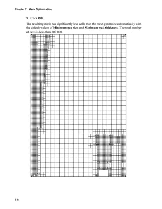 Chapter 7 Mesh Optimization 
7-8 
5 Click OK. 
The resulting mesh has significantly less cells than the mesh generated automatically with 
the default values of Minimum gap size and Minimum wall thickness. The total number 
of cells is less than 200 000. 
 