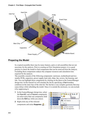 Chapter 2 First Steps - Conjugate Heat Transfer 
Preparing the Model 
2-2 
In a typical assembly there may be many features, parts or sub-assemblies that are not 
necessary for the analysis. Prior to creating an Flow Simulation project, it is a good 
practice to check the model to find components that can be removed from the analysis. 
Excluding these components reduces the computer resources and calculation time 
required for the analysis. 
The assembly consists of the following components: enclosure, motherboard and two 
smaller PCBs, capacitors, power supply, heat sink, chips, fan, screws, fan housing, and 
lids. You can highlight these components by clicking on the them in the FeatureManager 
design tree. In this tutorial we will simulate the fan by specifying a Fan boundary 
condition on the inner face of the inlet lid. The fan has a very complex geometry that may 
cause delays while rebuilding the model. Since it is outside the enclosure, we can exclude 
it by suppressing it. 
1 In the FeatureManager design tree, select 
the Fan-412, and all Screws components 
(to select more than one component, hold 
down the Ctrl key while you select). 
2 Right-click any of the selected 
components and select Suppress .. 
Inlet Fan 
PCBs 
Small Chips 
Main Chip 
Capacitors 
Power Supply 
Mother Board 
Heat Sink 
 