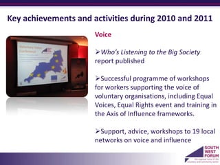 Key achievements and activities during 2010 and 2011
                      Voice

                      Who’s Listening to the Big Society
                      report published

                      Successful programme of workshops
                      for workers supporting the voice of
                      voluntary organisations, including Equal
                      Voices, Equal Rights event and training in
                      the Axis of Influence frameworks.

                      Support, advice, workshops to 19 local
                      networks on voice and influence
                      a
 
