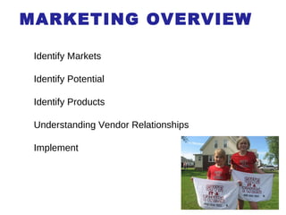 MARKETING OVERVIEW Identify Markets Identify Potential Identify Products Understanding Vendor Relationships Implement 
