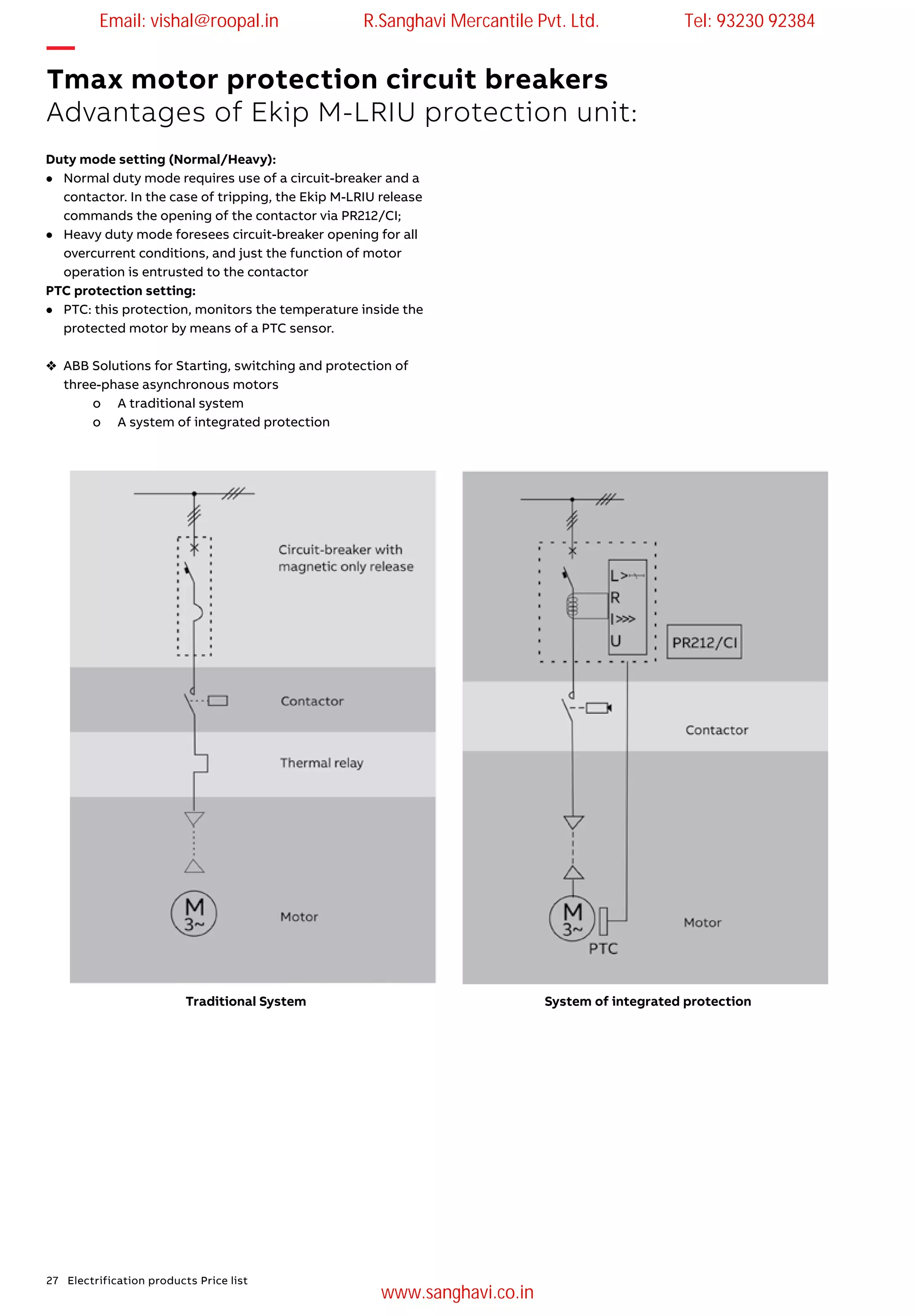 27 Electrification products Price list
—
Tmax motor protection circuit breakers
Advantages of Ekip M-LRIU protection unit:
Duty mode setting (Normal/Heavy):
l	 Normal duty mode requires use of a circuit-breaker and a
contactor. In the case of tripping, the Ekip M-LRIU release
commands the opening of the contactor via PR212/CI;
l	 Heavy duty mode foresees circuit-breaker opening for all
overcurrent conditions, and just the function of motor
operation is entrusted to the contactor
PTC protection setting:
l	 PTC: this protection, monitors the temperature inside the
protected motor by means of a PTC sensor.
	 ABB Solutions for Starting, switching and protection of
three-phase asynchronous motors
		 o	 A traditional system
		 o	 A system of integrated protection
Traditional System System of integrated protection
Email: vishal@roopal.in R.Sanghavi Mercantile Pvt. Ltd. Tel: 93230 92384
www.sanghavi.co.in
 