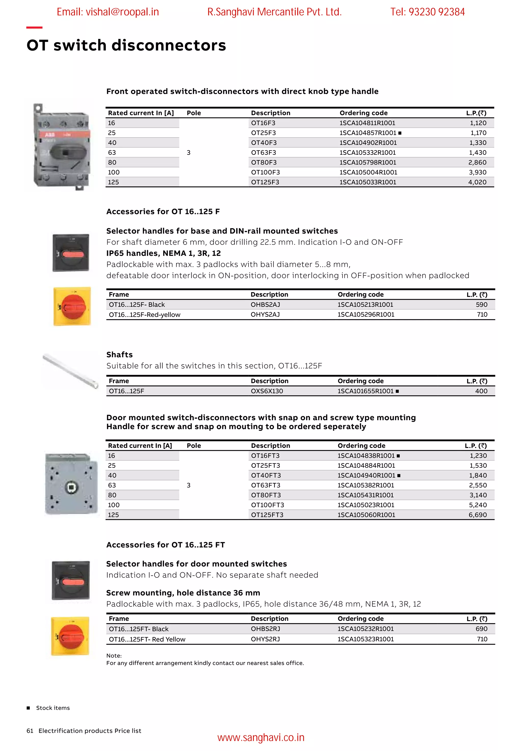 61 Electrification products Price list
Rated current In [A] Pole Description Ordering code L.P.(`)
16
3
OT16F3 1SCA104811R1001 1,120
25 OT25F3 1SCA104857R1001 n 1,170
40 OT40F3 1SCA104902R1001 1,330
63 OT63F3 1SCA105332R1001 1,430
80 OT80F3 1SCA105798R1001 2,860
100 OT100F3 1SCA105004R1001 3,930
125 OT125F3 1SCA105033R1001 4,020
Front operated switch-disconnectors with direct knob type handle
Accessories for OT 16..125 F
Selector handles for base and DIN-rail mounted switches
For shaft diameter 6 mm, door drilling 22.5 mm. Indication I-O and ON-OFF
IP65 handles, NEMA 1, 3R, 12
Padlockable with max. 3 padlocks with bail diameter 5...8 mm,
defeatable door interlock in ON-position, door interlocking in OFF-position when padlocked
Frame Description Ordering code L.P. (`)
OT16...125F- Black OHBS2AJ 1SCA105213R1001 590
OT16...125F-Red-yellow OHYS2AJ 1SCA105296R1001 710
Note:
For any different arrangement kindly contact our nearest sales office.
Rated current In [A] Pole Description Ordering code L.P. (`)
16
3
OT16FT3 1SCA104838R1001 n 1,230
25 OT25FT3 1SCA104884R1001 1,530
40 OT40FT3 1SCA104940R1001 n 1,840
63 OT63FT3 1SCA105382R1001 2,550
80 OT80FT3 1SCA105431R1001 3,140
100 OT100FT3 1SCA105023R1001 5,240
125 OT125FT3 1SCA105060R1001 6,690
Door mounted switch-disconnectors with snap on and screw type mounting
Handle for screw and snap on mouting to be ordered seperately
Accessories for OT 16..125 FT
Selector handles for door mounted switches
Indication I-O and ON-OFF. No separate shaft needed
Screw mounting, hole distance 36 mm
Padlockable with max. 3 padlocks, IP65, hole distance 36/48 mm, NEMA 1, 3R, 12
Frame Description Ordering code L.P. (`)
OT16...125FT- Black OHBS2RJ 1SCA105232R1001 690
OT16...125FT- Red Yellow OHYS2RJ 1SCA105323R1001 710
Shafts
Suitable for all the switches in this section, OT16...125F
Frame Description Ordering code L.P. (`)
OT16...125F OXS6X130 1SCA101655R1001 n 400
—
OT switch disconnectors
n Stock items
Email: vishal@roopal.in R.Sanghavi Mercantile Pvt. Ltd. Tel: 93230 92384
www.sanghavi.co.in
 