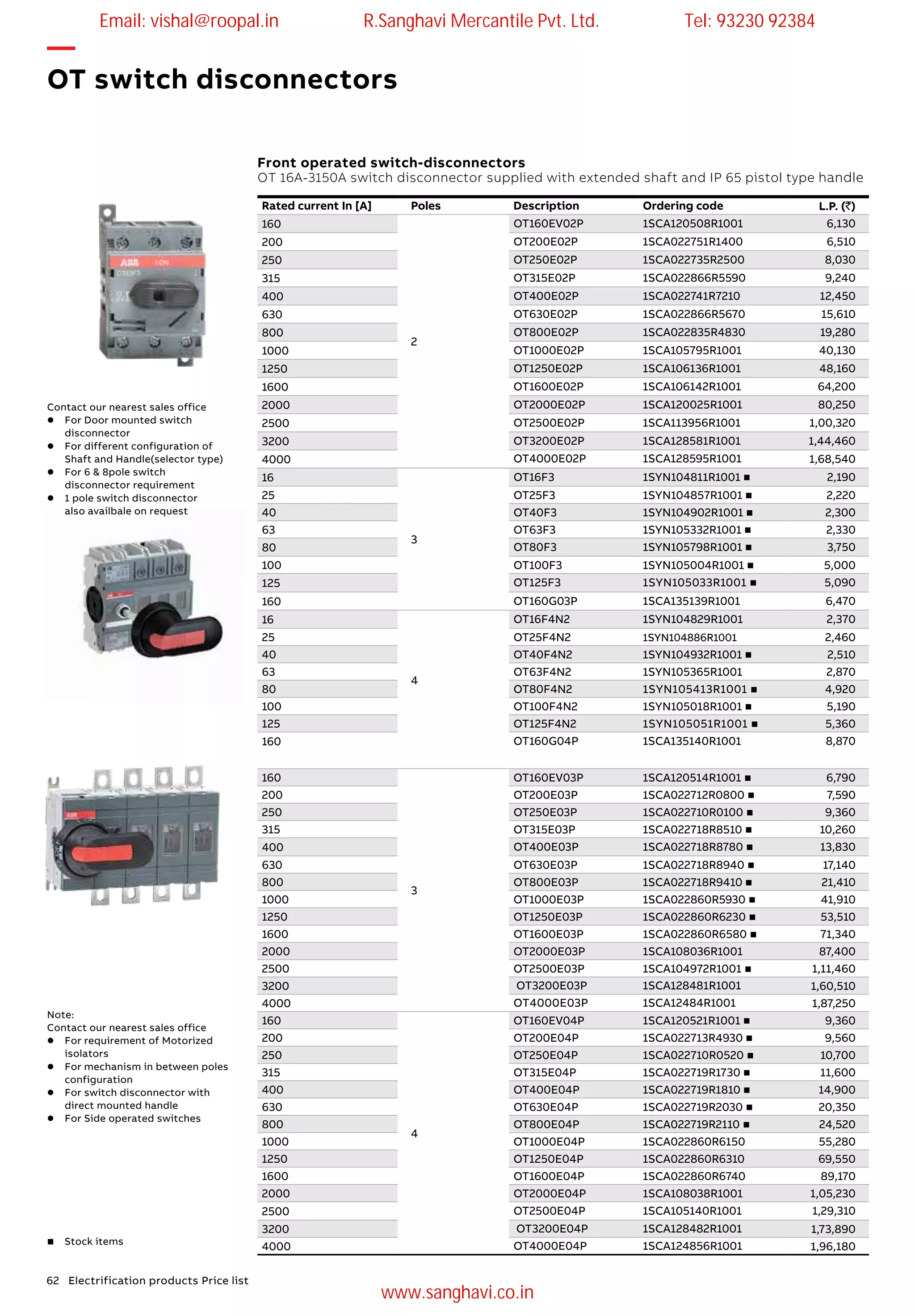 62 Electrification products Price list
—
OT switch disconnectors
OT 16A-3150A switch disconnector supplied with extended shaft and IP 65 pistol type handle
Front operated switch-disconnectors
Rated current In [A] Poles Description Ordering code L.P. (`)
160
2
OT160EV02P 1SCA120508R1001 6,130
200 OT200E02P 1SCA022751R1400 6,510
250 OT250E02P 1SCA022735R2500 8,030
315 OT315E02P 1SCA022866R5590 9,240
400 OT400E02P 1SCA022741R7210 12,450
630 OT630E02P 1SCA022866R5670 15,610
800 OT800E02P 1SCA022835R4830 19,280
1000 OT1000E02P 1SCA105795R1001 40,130
1250 OT1250E02P 1SCA106136R1001 48,160
1600 OT1600E02P 1SCA106142R1001 64,200
2000 OT2000E02P 1SCA120025R1001 80,250
2500 OT2500E02P 1SCA113956R1001 1,00,320
3200 OT3200E02P 1SCA128581R1001 1,44,460
4000 OT4000E02P 1SCA128595R1001 1,68,540
16
3
OT16F3 1SYN104811R1001 n 2,190
25 OT25F3 1SYN104857R1001 n 2,220
40 OT40F3 1SYN104902R1001 n 2,300
63 OT63F3 1SYN105332R1001 n 2,330
80 OT80F3 1SYN105798R1001 n 3,750
100 OT100F3 1SYN105004R1001 n 5,000
125 OT125F3 1SYN105033R1001 n 5,090
160 OT160G03P 1SCA135139R1001 6,470
16
4
OT16F4N2 1SYN104829R1001 2,370
25 OT25F4N2 1SYN104886R1001 2,460
40 OT40F4N2 1SYN104932R1001 n 2,510
63 OT63F4N2 1SYN105365R1001 2,870
80 OT80F4N2 1SYN105413R1001 n 4,920
100 OT100F4N2 1SYN105018R1001 n 5,190
125 OT125F4N2 1SYN105051R1001 n 5,360
160 OT160G04P 1SCA135140R1001 8,870
Note:
Contact our nearest sales office
l	 For requirement of Motorized
isolators
l	 For mechanism in between poles
configuration
l	 For switch disconnector with
direct mounted handle
l	 For Side operated switches
160
3
OT160EV03P 1SCA120514R1001 n 6,790
200 OT200E03P 1SCA022712R0800 n 7,590
250 OT250E03P 1SCA022710R0100 n 9,360
315 OT315E03P 1SCA022718R8510 n 10,260
400 OT400E03P 1SCA022718R8780 n 13,830
630 OT630E03P 1SCA022718R8940 n 17,140
800 OT800E03P 1SCA022718R9410 n 21,410
1000 OT1000E03P 1SCA022860R5930 n 41,910
1250 OT1250E03P 1SCA022860R6230 n 53,510
1600 OT1600E03P 1SCA022860R6580 n 71,340
2000 OT2000E03P 1SCA108036R1001 87,400
2500 OT2500E03P 1SCA104972R1001 n 1,11,460
3200 OT3200E03P 1SCA128481R1001 1,60,510
4000 OT4000E03P 1SCA12484R1001 1,87,250
160
4
OT160EV04P 1SCA120521R1001 n 9,360
200 OT200E04P 1SCA022713R4930 n 9,560
250 OT250E04P 1SCA022710R0520 n 10,700
315 OT315E04P 1SCA022719R1730 n 11,600
400 OT400E04P 1SCA022719R1810 n 14,900
630 OT630E04P 1SCA022719R2030 n 20,350
800 OT800E04P 1SCA022719R2110 n 24,520
1000 OT1000E04P 1SCA022860R6150 55,280
1250 OT1250E04P 1SCA022860R6310 69,550
1600 OT1600E04P 1SCA022860R6740 89,170
2000 OT2000E04P 1SCA108038R1001 1,05,230
2500 OT2500E04P 1SCA105140R1001 1,29,310
3200 OT3200E04P 1SCA128482R1001 1,73,890
4000 OT4000E04P 1SCA124856R1001 1,96,180n Stock items
Contact our nearest sales office
l	 For Door mounted switch
disconnector
l	 For different configuration of
Shaft and Handle(selector type)
l	 For 6 & 8pole switch
disconnector requirement
l	 1 pole switch disconnector
also availbale on request
Email: vishal@roopal.in R.Sanghavi Mercantile Pvt. Ltd. Tel: 93230 92384
www.sanghavi.co.in
 