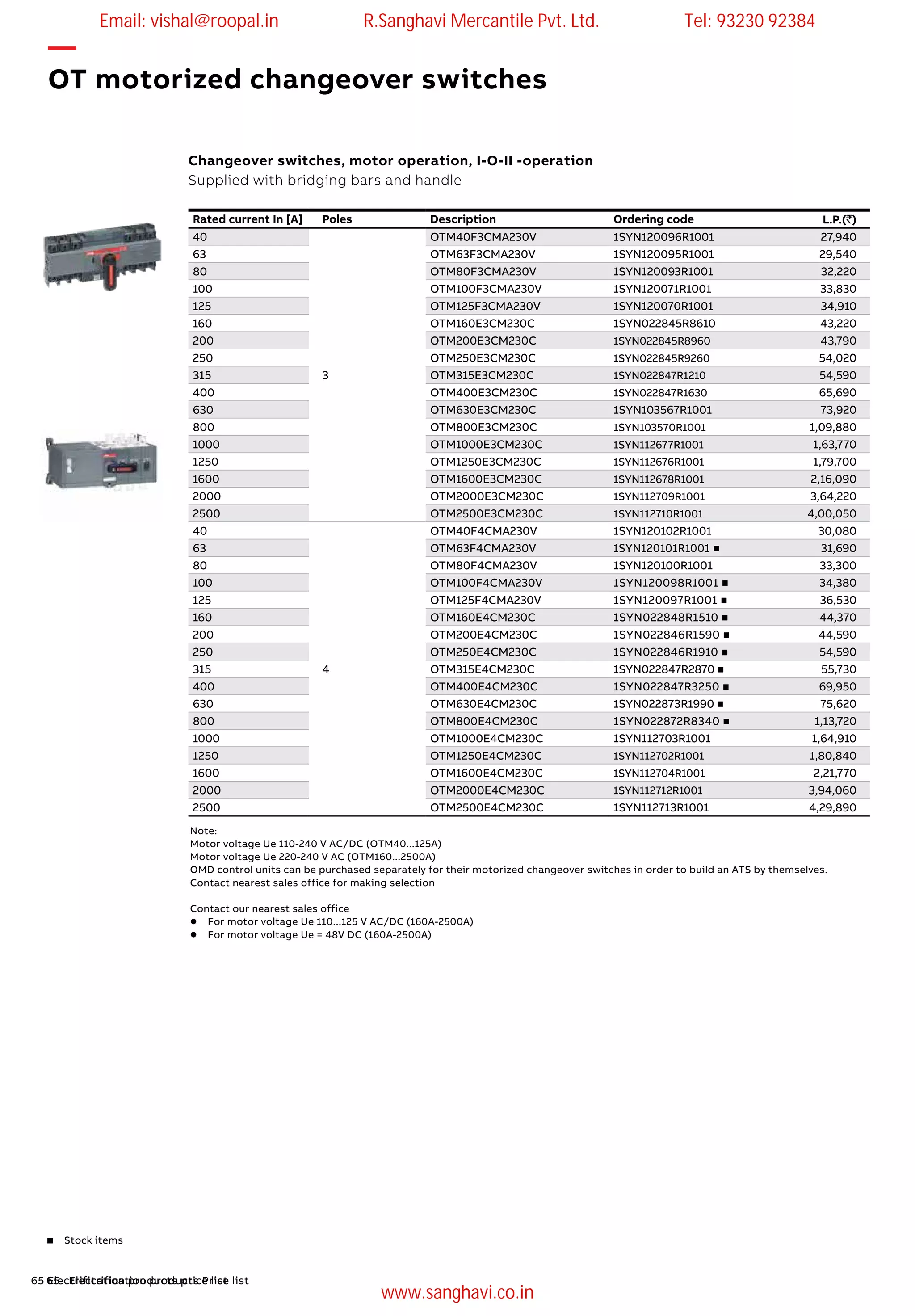65 Electrification products Price list65 Electrification products price list
Note:
Motor voltage Ue 110-240 V AC/DC (OTM40...125A)
Motor voltage Ue 220-240 V AC (OTM160...2500A)
OMD control units can be purchased separately for their motorized changeover switches in order to build an ATS by themselves.
Contact nearest sales office for making selection
Contact our nearest sales office
l	 For motor voltage Ue 110...125 V AC/DC (160A-2500A)
l	 For motor voltage Ue = 48V DC (160A-2500A)
—
OT motorized changeover switches
Changeover switches, motor operation, I-O-II -operation
Supplied with bridging bars and handle
Rated current In [A] Poles Description Ordering code L.P.(`)
40
3
OTM40F3CMA230V 1SYN120096R1001 27,940
63 OTM63F3CMA230V 1SYN120095R1001 29,540
80 OTM80F3CMA230V 1SYN120093R1001 32,220
100 OTM100F3CMA230V 1SYN120071R1001 33,830
125 OTM125F3CMA230V 1SYN120070R1001 34,910
160 OTM160E3CM230C 1SYN022845R8610 43,220
200 OTM200E3CM230C 1SYN022845R8960 43,790
250 OTM250E3CM230C 1SYN022845R9260 54,020
315 OTM315E3CM230C 1SYN022847R1210 54,590
400 OTM400E3CM230C 1SYN022847R1630 65,690
630 OTM630E3CM230C 1SYN103567R1001 73,920
800 OTM800E3CM230C 1SYN103570R1001 1,09,880
1000 OTM1000E3CM230C 1SYN112677R1001 1,63,770
1250 OTM1250E3CM230C 1SYN112676R1001 1,79,700
1600 OTM1600E3CM230C 1SYN112678R1001 2,16,090
2000 OTM2000E3CM230C 1SYN112709R1001 3,64,220
2500 OTM2500E3CM230C 1SYN112710R1001 4,00,050
40
4
OTM40F4CMA230V 1SYN120102R1001 30,080
63 OTM63F4CMA230V 1SYN120101R1001 n 31,690
80 OTM80F4CMA230V 1SYN120100R1001 33,300
100 OTM100F4CMA230V 1SYN120098R1001 n 34,380
125 OTM125F4CMA230V 1SYN120097R1001 n 36,530
160 OTM160E4CM230C 1SYN022848R1510 n 44,370
200 OTM200E4CM230C 1SYN022846R1590 n 44,590
250 OTM250E4CM230C 1SYN022846R1910 n 54,590
315 OTM315E4CM230C 1SYN022847R2870 n 55,730
400 OTM400E4CM230C 1SYN022847R3250 n 69,950
630 OTM630E4CM230C 1SYN022873R1990 n 75,620
800 OTM800E4CM230C 1SYN022872R8340 n 1,13,720
1000 OTM1000E4CM230C 1SYN112703R1001 1,64,910
1250 OTM1250E4CM230C 1SYN112702R1001 1,80,840
1600 OTM1600E4CM230C 1SYN112704R1001 2,21,770
2000 OTM2000E4CM230C 1SYN112712R1001 3,94,060
2500 OTM2500E4CM230C 1SYN112713R1001 4,29,890
n Stock items
Email: vishal@roopal.in R.Sanghavi Mercantile Pvt. Ltd. Tel: 93230 92384
www.sanghavi.co.in
 