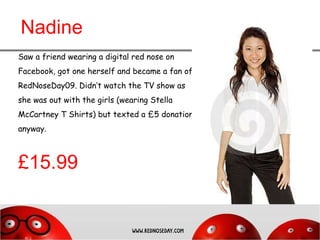 Nadine Saw a friend wearing a digital red nose on Facebook, got one herself and became a fan of RedNoseDay09. Didn’t watch the TV show as she was out with the girls (wearing Stella McCartney T Shirts) but texted a £5 donation anyway. £15.99 