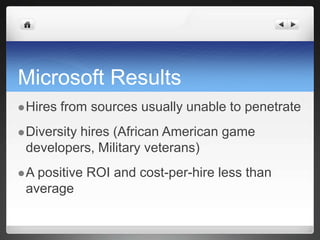 Microsoft ResultsHires from sources usually unable to penetrateDiversity hires (African American game developers, Military veterans)A positive ROI and cost-per-hire less than average