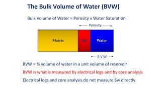 The Bulk Volume of Water (BVW)
Bulk Volume of Water = Porosity x Water Saturation
BVW = % volume of water in a unit volume of reservoir
BVW is what is measured by electrical logs and by core analysis
Electrical logs and core analysis do not measure Sw directly
 