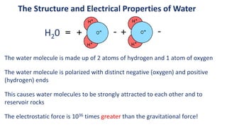 The Structure and Electrical Properties of Water
The water molecule is made up of 2 atoms of hydrogen and 1 atom of oxygen
The water molecule is polarized with distinct negative (oxygen) and positive
(hydrogen) ends
This causes water molecules to be strongly attracted to each other and to
reservoir rocks
The electrostatic force is 1036 times greater than the gravitational force!
H20
 