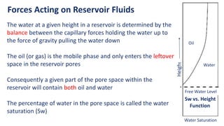 Forces Acting on Reservoir Fluids
The water at a given height in a reservoir is determined by the
balance between the capillary forces holding the water up to
the force of gravity pulling the water down
The oil (or gas) is the mobile phase and only enters the leftover
space in the reservoir pores
Consequently a given part of the pore space within the
reservoir will contain both oil and water
The percentage of water in the pore space is called the water
saturation (Sw)
Heigh
t
Sw vs. Height
Function
Oil
Water
Free Water Level
Water Saturation
 