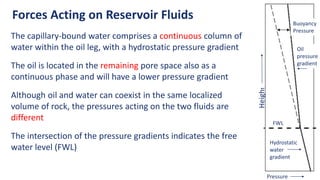Forces Acting on Reservoir Fluids
The capillary-bound water comprises a continuous column of
water within the oil leg, with a hydrostatic pressure gradient
The oil is located in the remaining pore space also as a
continuous phase and will have a lower pressure gradient
Although oil and water can coexist in the same localized
volume of rock, the pressures acting on the two fluids are
different
The intersection of the pressure gradients indicates the free
water level (FWL)
FWL
Heigh
t
Buoyancy
Pressure
Oil
pressure
gradient
Pressure
Hydrostatic
water
gradient
 