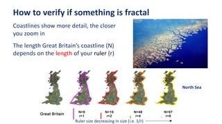 How to verify if something is fractal
Coastlines show more detail, the closer
you zoom in
The length Great Britain’s coastline (N)
depends on the length of your ruler (r)
Ruler size decreasing in size (i.e. 1/r)
North Sea
 