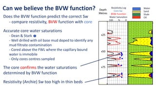 Does the BVW function predict the correct Sw
- compare resistivity, BVW function with core
Accurate core water saturations
- Dean & Stark
- Well drilled with oil base mud doped to identify any
mud filtrate contamination
- Cored above the FWL where the capillary bound
water is immobile
- Only cores centres sampled
The core confirms the water saturations
determined by BVW function
Resistivity (Archie) Sw too high in thin beds
Can we believe the BVW function?
BVW Function
 