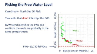 Case Study - North Sea Oil Field
Two wells that don’t intercept the FWL
BVW trend identifies the FWL and
confirms the wells are probably in the
same compartment
Picking the Free Water Level
0 Bulk Volume of Water (%) 25
10,750
Depth
(ftTVDss)
10,350'
Well 1
Well 2
FWL=10,730 ftTVDss
 