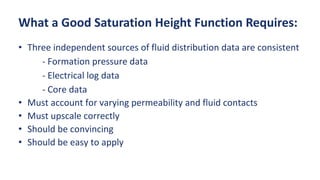 What a Good Saturation Height Function Requires:
• Three independent sources of fluid distribution data are consistent
• - Formation pressure data
• - Electrical log data
• - Core data
• Must account for varying permeability and fluid contacts
• Must upscale correctly
• Should be convincing
• Should be easy to apply
 