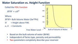 Called the FOIL Function
𝐵𝑉𝑊 = 𝑎𝐻𝑏
Where:
𝐵𝑉𝑊= Bulk Volume Water (Sw*Phi)
𝐻 = Height above FWL
𝑎, 𝑏 = Constants
Water Saturation vs. Height Function
• Based on the bulk volume of water (BVW)
• Independent of facies type, porosity and permeability
• Two parameters completely describe your reservoir
Bulk of Volume of Water
Free Water Level
 