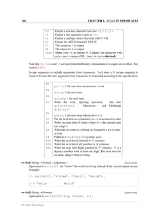 168 CHAPTER 4. BUILT-IN PREDICATES
n Output a newline character (see also nl/[0,1])
l Output a line separator (same as n)
r Output a carriage return character (ASCII 13)
t Output the ASCII character TAB (9)
 The character  is output
% The character % is output
nnn where nnn is an integer (1-3 digits); the character with
code nnn is output (NB : nnn is read as decimal)
Note that l, nnn and  are interpreted differently when character escapes are in effect. See
section 2.15.1.
Escape sequences to include arguments from Arguments. Each time a % escape sequence is
found in Format the next argument from Arguments is formatted according to the speciﬁcation.
%t
print/1 the next item (mnemonic: term)
%w
write/1 the next item
%q
writeq/1 the next item
%d Write the term, ignoring operators. See also
write term/2. Mnemonic: old Edinburgh
display/1
%p
print/1 the next item (identical to %t)
%n Put the next item as a character (i.e., it is a character code)
%r Write the next item N times where N is the second item
(an integer)
%s Write the next item as a String (so it must be a list of char-
acters)
%f Perform a ttyflush/0 (no items used)
%Nc Write the next item Centered in N columns
%Nl Write the next item Left justiﬁed in N columns
%Nr Write the next item Right justiﬁed in N columns. N is a
decimal number with at least one digit. The item must be
an atom, integer, ﬂoat or string.
swritef(-String, +Format, +Arguments) [deprecated]
Equivalent to writef/2, but “writes” the result on String instead of the current output stream.
Example:
?- swritef(S, ’%15L%w’, [’Hello’, ’World’]).
S = "Hello World"
swritef(-String, +Format) [deprecated]
Equivalent to swritef(String, Format, []).
SWI-Prolog 6.4 Reference Manual
 