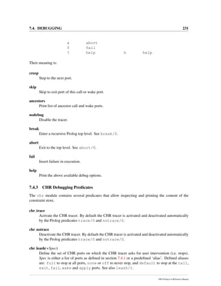 7.4. DEBUGGING 231
a abort
f fail
? help h help
Their meaning is:
creep
Step to the next port.
skip
Skip to exit port of this call or wake port.
ancestors
Print list of ancestor call and wake ports.
nodebug
Disable the tracer.
break
Enter a recursive Prolog top level. See break/0.
abort
Exit to the top level. See abort/0.
fail
Insert failure in execution.
help
Print the above available debug options.
7.4.3 CHR Debugging Predicates
The chr module contains several predicates that allow inspecting and printing the content of the
constraint store.
chr trace
Activate the CHR tracer. By default the CHR tracer is activated and deactivated automatically
by the Prolog predicates trace/0 and notrace/0.
chr notrace
Deactivate the CHR tracer. By default the CHR tracer is activated and deactivated automatically
by the Prolog predicates trace/0 and notrace/0.
chr leash(+Spec)
Deﬁne the set of CHR ports on which the CHR tracer asks for user intervention (i.e. stops).
Spec is either a list of ports as deﬁned in section 7.4.1 or a predeﬁned ‘alias’. Deﬁned aliases
are: full to stop at all ports, none or off to never stop, and default to stop at the call,
exit, fail, wake and apply ports. See also leash/1.
SWI-Prolog 6.4 Reference Manual
 