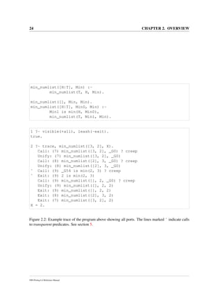 24 CHAPTER 2. OVERVIEW
min_numlist([H|T], Min) :-
min_numlist(T, H, Min).
min_numlist([], Min, Min).
min_numlist([H|T], Min0, Min) :-
Min1 is min(H, Min0),
min_numlist(T, Min1, Min).
1 ?- visible(+all), leash(-exit).
true.
2 ?- trace, min_numlist([3, 2], X).
Call: (7) min_numlist([3, 2], _G0) ? creep
Unify: (7) min_numlist([3, 2], _G0)
Call: (8) min_numlist([2], 3, _G0) ? creep
Unify: (8) min_numlist([2], 3, _G0)
ˆ Call: (9) _G54 is min(2, 3) ? creep
ˆ Exit: (9) 2 is min(2, 3)
Call: (9) min_numlist([], 2, _G0) ? creep
Unify: (9) min_numlist([], 2, 2)
Exit: (9) min_numlist([], 2, 2)
Exit: (8) min_numlist([2], 3, 2)
Exit: (7) min_numlist([3, 2], 2)
X = 2.
Figure 2.2: Example trace of the program above showing all ports. The lines marked ˆ indicate calls
to transparent predicates. See section 5.
SWI-Prolog 6.4 Reference Manual
 