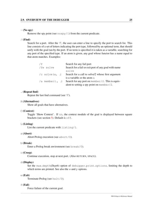 2.9. OVERVIEW OF THE DEBUGGER 25
- (No spy)
Remove the spy point (see nospy/1) from the current predicate.
/ (Find)
Search for a port. After the ‘/’, the user can enter a line to specify the port to search for. This
line consists of a set of letters indicating the port type, followed by an optional term, that should
unify with the goal run by the port. If no term is speciﬁed it is taken as a variable, searching for
any port of the speciﬁed type. If an atom is given, any goal whose functor has a name equal to
that atom matches. Examples:
/f Search for any fail port
/fe solve Search for a fail or exit port of any goal with name
solve
/c solve(a, ) Search for a call to solve/2 whose ﬁrst argument
is a variable or the atom a
/a member( , ) Search for any port on member/2. This is equiv-
alent to setting a spy point on member/2.
. (Repeat ﬁnd)
Repeat the last ﬁnd command (see ‘/’).
A (Alternatives)
Show all goals that have alternatives.
C (Context)
Toggle ‘Show Context’. If on, the context module of the goal is displayed between square
brackets (see section 5). Default is off.
L (Listing)
List the current predicate with listing/1.
a (Abort)
Abort Prolog execution (see abort/0).
b (Break)
Enter a Prolog break environment (see break/0).
c (Creep)
Continue execution, stop at next port. (Also RETURN, SPACE).
d (Display)
Set the max depth(Depth) option of debugger print options, limiting the depth to
which terms are printed. See also the w and p options.
e (Exit)
Terminate Prolog (see halt/0).
f (Fail)
Force failure of the current goal.
SWI-Prolog 6.4 Reference Manual
 