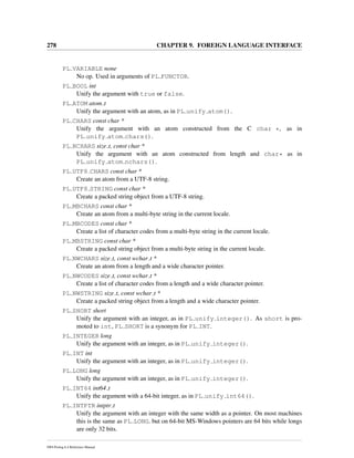 278 CHAPTER 9. FOREIGN LANGUAGE INTERFACE
PL VARIABLE none
No op. Used in arguments of PL FUNCTOR.
PL BOOL int
Unify the argument with true or false.
PL ATOM atom t
Unify the argument with an atom, as in PL unify atom().
PL CHARS const char *
Unify the argument with an atom constructed from the C char *, as in
PL unify atom chars().
PL NCHARS size t, const char *
Unify the argument with an atom constructed from length and char* as in
PL unify atom nchars().
PL UTF8 CHARS const char *
Create an atom from a UTF-8 string.
PL UTF8 STRING const char *
Create a packed string object from a UTF-8 string.
PL MBCHARS const char *
Create an atom from a multi-byte string in the current locale.
PL MBCODES const char *
Create a list of character codes from a multi-byte string in the current locale.
PL MBSTRING const char *
Create a packed string object from a multi-byte string in the current locale.
PL NWCHARS size t, const wchar t *
Create an atom from a length and a wide character pointer.
PL NWCODES size t, const wchar t *
Create a list of character codes from a length and a wide character pointer.
PL NWSTRING size t, const wchar t *
Create a packed string object from a length and a wide character pointer.
PL SHORT short
Unify the argument with an integer, as in PL unify integer(). As short is pro-
moted to int, PL SHORT is a synonym for PL INT.
PL INTEGER long
Unify the argument with an integer, as in PL unify integer().
PL INT int
Unify the argument with an integer, as in PL unify integer().
PL LONG long
Unify the argument with an integer, as in PL unify integer().
PL INT64 int64 t
Unify the argument with a 64-bit integer, as in PL unify int64().
PL INTPTR intptr t
Unify the argument with an integer with the same width as a pointer. On most machines
this is the same as PL LONG. but on 64-bit MS-Windows pointers are 64 bits while longs
are only 32 bits.
SWI-Prolog 6.4 Reference Manual
 