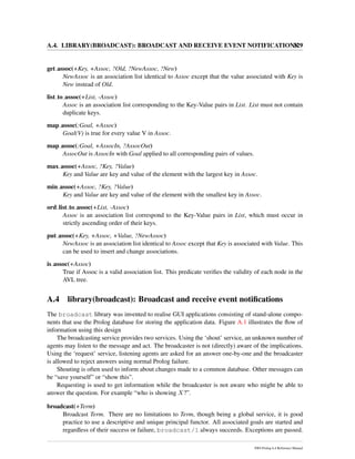 A.4. LIBRARY(BROADCAST): BROADCAST AND RECEIVE EVENT NOTIFICATIONS329
get assoc(+Key, +Assoc, ?Old, ?NewAssoc, ?New)
NewAssoc is an association list identical to Assoc except that the value associated with Key is
New instead of Old.
list to assoc(+List, -Assoc)
Assoc is an association list corresponding to the Key-Value pairs in List. List must not contain
duplicate keys.
map assoc(:Goal, +Assoc)
Goal(V) is true for every value V in Assoc.
map assoc(:Goal, +AssocIn, ?AssocOut)
AssocOut is AssocIn with Goal applied to all corresponding pairs of values.
max assoc(+Assoc, ?Key, ?Value)
Key and Value are key and value of the element with the largest key in Assoc.
min assoc(+Assoc, ?Key, ?Value)
Key and Value are key and value of the element with the smallest key in Assoc.
ord list to assoc(+List, -Assoc)
Assoc is an association list correspond to the Key-Value pairs in List, which must occur in
strictly ascending order of their keys.
put assoc(+Key, +Assoc, +Value, ?NewAssoc)
NewAssoc is an association list identical to Assoc except that Key is associated with Value. This
can be used to insert and change associations.
is assoc(+Assoc)
True if Assoc is a valid association list. This predicate veriﬁes the validity of each node in the
AVL tree.
A.4 library(broadcast): Broadcast and receive event notiﬁcations
The broadcast library was invented to realise GUI applications consisting of stand-alone compo-
nents that use the Prolog database for storing the application data. Figure A.1 illustrates the ﬂow of
information using this design
The broadcasting service provides two services. Using the ‘shout’ service, an unknown number of
agents may listen to the message and act. The broadcaster is not (directly) aware of the implications.
Using the ‘request’ service, listening agents are asked for an answer one-by-one and the broadcaster
is allowed to reject answers using normal Prolog failure.
Shouting is often used to inform about changes made to a common database. Other messages can
be “save yourself” or “show this”.
Requesting is used to get information while the broadcaster is not aware who might be able to
answer the question. For example “who is showing X?”.
broadcast(+Term)
Broadcast Term. There are no limitations to Term, though being a global service, it is good
practice to use a descriptive and unique principal functor. All associated goals are started and
regardless of their success or failure, broadcast/1 always succeeds. Exceptions are passed.
SWI-Prolog 6.4 Reference Manual
 