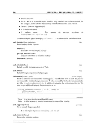 380 APPENDIX A. THE SWI-PROLOG LIBRARY
• Archive ﬁle name
• HTTP URL of an archive ﬁle name. This URL may contain a star (*) for the version. In
this case pack install asks for the deirectory content and selects the latest version.
• GIT URL (not well supported yet)
• A local directory name
• A package name. This queries the package repository at
http://www.swi-prolog.org
After resolving the type of package, pack install/2 is used to do the actual installation.
pack install(+Name, +Options) [det]
Install package Name. Options:
url(+URL)
Source for downloading the package
package directory(+Dir)
Directory into which to install the package
interactive(+Boolean)
pack rebuild(+Pack) [det]
Rebuilt possible foreign components of Pack.
pack rebuild [det]
Rebuild foreign components of all packages.
environment(-Name, -Value) [nondet,multiﬁle]
Hook to deﬁne the environment for building packs. This Multiﬁle hook extends the process
environment for building foreign extensions. A value provided by this hook overrules defaults
provided by def environment/2. In addition to changing the environment, this may be
used to pass additional values to the environment, as in:
prolog_pack:environment(’USER’, User) :-
getenv(’USER’, User).
Arguments
Name is an atom denoting a valid variable name
Value is either an atom or number representing the value of the variable.
pack upgrade(+Pack) [semidet]
Try to upgrade the package Pack.
To be done Update dependencies when updating a pack from git?
pack remove(+Name) [det]
Remove the indicated package.
SWI-Prolog 6.4 Reference Manual
 
