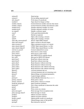434 APPENDIX F. SUMMARY
notrace/0 Stop tracing
notrace/1 Do not debug argument goal
nth clause/3 N-th clause of a predicate
number/1 Type check for integer or ﬂoat
number chars/2 Convert between number and one-char atoms
number codes/2 Convert between number and character codes
numbervars/3 Number unbound variables of a term
numbervars/4 Number unbound variables of a term
on signal/3 Handle a software signal
once/1 Call a goal deterministically
op/3 Declare an operator
open/3 Open a ﬁle (creating a stream)
open/4 Open a ﬁle (creating a stream)
open dde conversation/3 Win32: Open DDE channel
open null stream/1 Open a stream to discard output
open resource/3 Open a program resource as a stream
open shared object/2 UNIX: Open shared library (.so ﬁle)
open shared object/3 UNIX: Open shared library (.so ﬁle)
ord list to assoc/2 Convert ordered list to assoc
parse time/2 Parse text to a time-stamp
parse time/3 Parse text to a time-stamp
pce dispatch/1 Run XPCE GUI in separate thread
pce call/1 Run goal in XPCE GUI thread
peek byte/1 Read byte without removing
peek byte/2 Read byte without removing
peek char/1 Read character without removing
peek char/2 Read character without removing
peek code/1 Read character-code without removing
peek code/2 Read character-code without removing
phrase/2 Activate grammar-rule set
phrase/3 Activate grammar-rule set (returning rest)
please/3 Query/change environment parameters
plus/3 Logical integer addition
portray/1 (hook) Modify behaviour of print/1
portray clause/1 Pretty print a clause
portray clause/2 Pretty print a clause to a stream
predicate property/2 Query predicate attributes
predsort/3 Sort, using a predicate to determine the order
print/1 Print a term
print/2 Print a term on a stream
print message/2 Print message from (exception) term
print message lines/3 Print message to stream
proﬁle/1 Obtain execution statistics
proﬁle/3 Obtain execution statistics
proﬁle count/3 Obtain proﬁle results on a predicate
proﬁler/2 Obtain/change status of the proﬁler
prolog/0 Run interactive top level
SWI-Prolog 6.4 Reference Manual
 