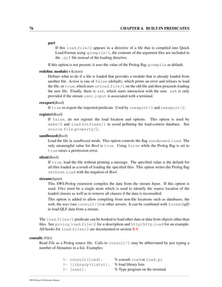 76 CHAPTER 4. BUILT-IN PREDICATES
part
If this load file/2 appears in a directive of a ﬁle that is compiled into Quick
Load Format using qcompile/1, the contents of the argument ﬁles are included in
the .qlf ﬁle instead of the loading directive.
If this option is not present, it uses the value of the Prolog ﬂag qcompile as default.
redeﬁne module(+Action)
Deﬁnes what to do if a ﬁle is loaded that provides a module that is already loaded from
another ﬁle. Action is one of false (default), which prints an error and refuses to load
the ﬁle, or true, which uses unload file/1 on the old ﬁle and then proceeds loading
the new ﬁle. Finally, there is ask, which starts interaction with the user. ask is only
provided if the stream user input is associated with a terminal.
reexport(Bool)
If true re-export the imported predicate. Used by reexport/1 and reexport/2.
register(Bool)
If false, do not register the load location and options. This option is used by
make/0 and load hotfixes/1 to avoid polluting the load-context database. See
source file property/2.
sandboxed(Bool)
Load the ﬁle in sandboxed mode. This option controls the ﬂag sandboxed load. The
only meaningful value for Bool is true. Using false while the Prolog ﬂag is set to
true raises a permission error.
silent(Bool)
If true, load the ﬁle without printing a message. The speciﬁed value is the default for
all ﬁles loaded as a result of loading the speciﬁed ﬁles. This option writes the Prolog ﬂag
verbose load with the negation of Bool.
stream(Input)
This SWI-Prolog extension compiles the data from the stream Input. If this option is
used, Files must be a single atom which is used to identify the source location of the
loaded clauses as well as to remove all clauses if the data is reconsulted.
This option is added to allow compiling from non-ﬁle locations such as databases, the
web, the user (see consult/1) or other servers. It can be combined with format(qlf)
to load QLF data from a stream.
The load files/2 predicate can be hooked to load other data or data from objects other than
ﬁles. See prolog load file/2 for a description and http/http load for an example.
All hooks for load files/2 are documented in section B.8.
consult(:File)
Read File as a Prolog source ﬁle. Calls to consult/1 may be abbreviated by just typing a
number of ﬁlenames in a list. Examples:
?- consult(load). % consult load or load.pl
?- [library(lists)]. % load library lists
?- [user]. % Type program on the terminal
SWI-Prolog 6.4 Reference Manual
 