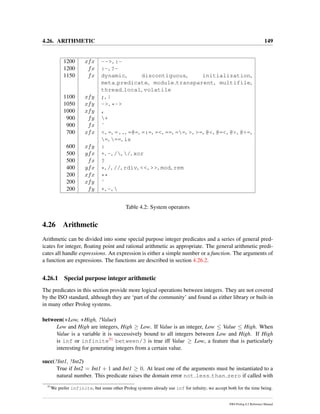 4.26. ARITHMETIC 149
1200 xfx -->, :-
1200 fx :-, ?-
1150 fx dynamic, discontiguous, initialization,
meta predicate, module transparent, multifile,
thread local, volatile
1100 xfy ;, |
1050 xfy ->, *->
1000 xfy ,
900 fy +
900 fx ˜
700 xfx <, =, =.., =@=, =:=, =<, ==, ==, >, >=, @<, @=<, @>, @>=,
=, ==, is
600 xfy :
500 yfx +, -, /, /, xor
500 fx ?
400 yfx *, /, //, rdiv, <<, >>, mod, rem
200 xfx **
200 xfy ˆ
200 fy +, -, 
Table 4.2: System operators
4.26 Arithmetic
Arithmetic can be divided into some special purpose integer predicates and a series of general pred-
icates for integer, ﬂoating point and rational arithmetic as appropriate. The general arithmetic predi-
cates all handle expressions. An expression is either a simple number or a function. The arguments of
a function are expressions. The functions are described in section 4.26.2.
4.26.1 Special purpose integer arithmetic
The predicates in this section provide more logical operations between integers. They are not covered
by the ISO standard, although they are ‘part of the community’ and found as either library or built-in
in many other Prolog systems.
between(+Low, +High, ?Value)
Low and High are integers, High ≥ Low. If Value is an integer, Low ≤ Value ≤ High. When
Value is a variable it is successively bound to all integers between Low and High. If High
is inf or infinite51 between/3 is true iff Value ≥ Low, a feature that is particularly
interesting for generating integers from a certain value.
succ(?Int1, ?Int2)
True if Int2 = Int1 + 1 and Int1 ≥ 0. At least one of the arguments must be instantiated to a
natural number. This predicate raises the domain error not less than zero if called with
51
We prefer infinite, but some other Prolog systems already use inf for inﬁnity; we accept both for the time being.
SWI-Prolog 6.2 Reference Manual
 