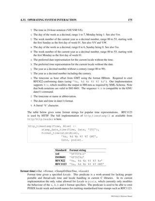 4.33. OPERATING SYSTEM INTERACTION 175
T The time in 24-hour notation (%H:%M:%S).
u The day of the week as a decimal, range 1 to 7, Monday being 1. See also %w.
U The week number of the current year as a decimal number, range 00 to 53, starting with
the ﬁrst Sunday as the ﬁrst day of week 01. See also %V and %W.
w The day of the week as a decimal, range 0 to 6, Sunday being 0. See also %u.
W The week number of the current year as a decimal number, range 00 to 53, starting with
the ﬁrst Monday as the ﬁrst day of week 01.
x The preferred date representation for the current locale without the time.
X The preferred time representation for the current locale without the date.
y The year as a decimal number without a century (range 00 to 99).
Y The year as a decimal number including the century.
z The timezone as hour offset from GMT using the format HHmm. Required to emit
RFC822-conforming dates (using ’%a, %d %b %Y %T %z’). Our implementation
supports %:z, which modiﬁes the output to HH:mm as required by XML-Schema. Note
that both notations are valid in ISO 8601. The sequence %:z is compatible to the GNU
date(1) command.
Z The timezone or name or abbreviation.
+ The date and time in date(1) format.
% A literal ‘%’ character.
The table below gives some format strings for popular time representations. RFC1123
is used by HTTP. The full implementation of http timestamp/2 as available from
http/http header is here.
http_timestamp(Time, Atom) :-
stamp_date_time(Time, Date, ’UTC’),
format_time(atom(Atom),
’%a, %d %b %Y %T GMT’,
Date, posix).
Standard Format string
xsd ’%FT%T%:z’
ISO8601 ’%FT%T%z’
RFC822 ’%a, %d %b %Y %T %z’
RFC1123 ’%a, %d %b %Y %T GMT’
format time(+Out, +Format, +StampOrDateTime, +Locale)
Format time given a speciﬁed Locale. This predicate is a work-around for lacking proper
portable and thread-safe time and locale handling in current C libraries. In its current
implementation the only value allowed for Locale is posix, which currently only modiﬁes
the behaviour of the a, A, b and B format speciﬁers. The predicate is used to be able to emit
POSIX locale week and month names for emitting standardised time-stamps such as RFC1123.
SWI-Prolog 6.2 Reference Manual
 