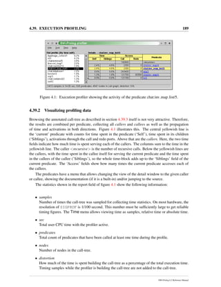 4.39. EXECUTION PROFILING 189
Figure 4.1: Execution proﬁler showing the activity of the predicate chat:inv map list/5.
4.39.2 Visualizing proﬁling data
Browsing the annotated call-tree as described in section 4.39.3 itself is not very attractive. Therefore,
the results are combined per predicate, collecting all callers and callees as well as the propagation
of time and activations in both directions. Figure 4.1 illustrates this. The central yellowish line is
the ‘current’ predicate with counts for time spent in the predicate (‘Self’), time spent in its children
(‘Siblings’), activations through the call and redo ports. Above that are the callers. Here, the two time
ﬁelds indicate how much time is spent serving each of the callers. The columns sum to the time in the
yellowish line. The caller <recursive> is the number of recursive calls. Below the yellowish lines are
the callees, with the time spent in the callee itself for serving the current predicate and the time spent
in the callees of the callee (’Siblings’), so the whole time-block adds up to the ‘Siblings’ ﬁeld of the
current predicate. The ‘Access’ ﬁelds show how many times the current predicate accesses each of
the callees.
The predicates have a menu that allows changing the view of the detail window to the given caller
or callee, showing the documentation (if it is a built-in) and/or jumping to the source.
The statistics shown in the report ﬁeld of ﬁgure 4.1 show the following information:
• samples
Number of times the call-tree was sampled for collecting time statistics. On most hardware, the
resolution of SIGPROF is 1/100 second. This number must be sufﬁciently large to get reliable
timing ﬁgures. The Time menu allows viewing time as samples, relative time or absolute time.
• sec
Total user CPU time with the proﬁler active.
• predicates
Total count of predicates that have been called at least one time during the proﬁle.
• nodes
Number of nodes in the call-tree.
• distortion
How much of the time is spent building the call-tree as a percentage of the total execution time.
Timing samples while the proﬁler is building the call-tree are not added to the call-tree.
SWI-Prolog 6.2 Reference Manual
 