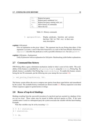 2.7. COMMAND-LINE HISTORY 21
!!. Repeat last query
!nr. Repeat query numbered nr
!str. Repeat last query starting with str
h. Show history of commands
!h. Show this list
Table 2.1: History commands
?- apropos(file). Display predicates, functions and sections
that have ‘ﬁle’ (or ‘File’, etc.) in their sum-
mary description.
explain(+ToExplain)
Give an explanation on the given ‘object’. The argument may be any Prolog data object. If the
argument is an atom, a term of the form Name/Arity or a term of the form Module:Name/Arity,
explain/1 describes the predicate as well as possible references to it. See also gxref/0.
explain(+ToExplain, -Explanation)
Unify Explanation with an explanation for ToExplain. Backtracking yields further explanations.
2.7 Command-line history
SWI-Prolog offers a query substitution mechanism similar to what is seen in Unix shells. The avail-
ability of this feature is controlled by set prolog flag/2, using the history Prolog ﬂag. By
default, history is available if the Prolog ﬂag readline is false. To enable this feature, remem-
bering the last 50 commands, put the following into your startup ﬁle (see section 2.2):
:- set_prolog_flag(history, 50).
The history system allows the user to compose new queries from those typed before and remembered
by the system. The available history commands are shown in table 2.1. History expansion is not done
if these sequences appear in quoted atoms or strings.
2.8 Reuse of top-level bindings
Bindings resulting from the successful execution of a top-level goal are asserted in a database if they
are not too large. These values may be reused in further top-level queries as $Var. If the same
variable name is used in a subsequent query the system associates the variable with the latest binding.
Example:
Note that variables may be set by executing =/2:
6 ?- X = statistics.
X = statistics.
7 ?- $X.
SWI-Prolog 6.2 Reference Manual
 