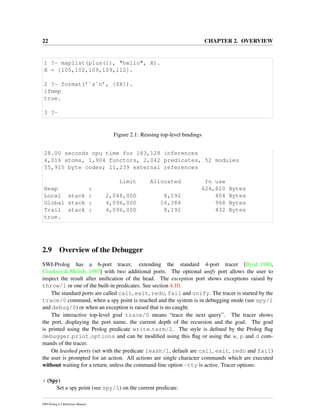 22 CHAPTER 2. OVERVIEW
1 ?- maplist(plus(1), "hello", X).
X = [105,102,109,109,112].
2 ?- format(’˜s˜n’, [$X]).
ifmmp
true.
3 ?-
Figure 2.1: Reusing top-level bindings
28.00 seconds cpu time for 183,128 inferences
4,016 atoms, 1,904 functors, 2,042 predicates, 52 modules
55,915 byte codes; 11,239 external references
Limit Allocated In use
Heap : 624,820 Bytes
Local stack : 2,048,000 8,192 404 Bytes
Global stack : 4,096,000 16,384 968 Bytes
Trail stack : 4,096,000 8,192 432 Bytes
true.
2.9 Overview of the Debugger
SWI-Prolog has a 6-port tracer, extending the standard 4-port tracer [Byrd, 1980,
Clocksin & Melish, 1987] with two additional ports. The optional unify port allows the user to
inspect the result after uniﬁcation of the head. The exception port shows exceptions raised by
throw/1 or one of the built-in predicates. See section 4.10.
The standard ports are called call, exit, redo, fail and unify. The tracer is started by the
trace/0 command, when a spy point is reached and the system is in debugging mode (see spy/1
and debug/0) or when an exception is raised that is no caught.
The interactive top-level goal trace/0 means “trace the next query”. The tracer shows
the port, displaying the port name, the current depth of the recursion and the goal. The goal
is printed using the Prolog predicate write term/2. The style is deﬁned by the Prolog ﬂag
debugger print options and can be modiﬁed using this ﬂag or using the w, p and d com-
mands of the tracer.
On leashed ports (set with the predicate leash/1, default are call, exit, redo and fail)
the user is prompted for an action. All actions are single character commands which are executed
without waiting for a return, unless the command-line option -tty is active. Tracer options:
+ (Spy)
Set a spy point (see spy/1) on the current predicate.
SWI-Prolog 6.2 Reference Manual
 