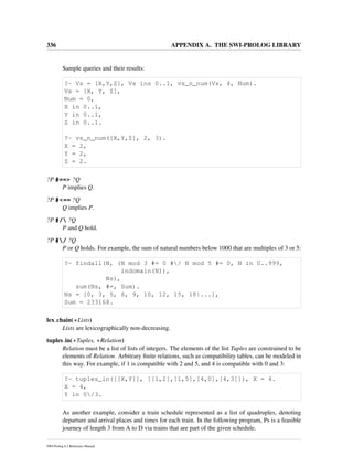 336 APPENDIX A. THE SWI-PROLOG LIBRARY
Sample queries and their results:
?- Vs = [X,Y,Z], Vs ins 0..1, vs_n_num(Vs, 4, Num).
Vs = [X, Y, Z],
Num = 0,
X in 0..1,
Y in 0..1,
Z in 0..1.
?- vs_n_num([X,Y,Z], 2, 3).
X = 2,
Y = 2,
Z = 2.
?P #==> ?Q
P implies Q.
?P #<== ?Q
Q implies P.
?P #/ ?Q
P and Q hold.
?P #/ ?Q
P or Q holds. For example, the sum of natural numbers below 1000 that are multiples of 3 or 5:
?- findall(N, (N mod 3 #= 0 #/ N mod 5 #= 0, N in 0..999,
indomain(N)),
Ns),
sum(Ns, #=, Sum).
Ns = [0, 3, 5, 6, 9, 10, 12, 15, 18|...],
Sum = 233168.
lex chain(+Lists)
Lists are lexicographically non-decreasing.
tuples in(+Tuples, +Relation)
Relation must be a list of lists of integers. The elements of the list Tuples are constrained to be
elements of Relation. Arbitrary ﬁnite relations, such as compatibility tables, can be modeled in
this way. For example, if 1 is compatible with 2 and 5, and 4 is compatible with 0 and 3:
?- tuples_in([[X,Y]], [[1,2],[1,5],[4,0],[4,3]]), X = 4.
X = 4,
Y in 0/3.
As another example, consider a train schedule represented as a list of quadruples, denoting
departure and arrival places and times for each train. In the following program, Ps is a feasible
journey of length 3 from A to D via trains that are part of the given schedule.
SWI-Prolog 6.2 Reference Manual
 