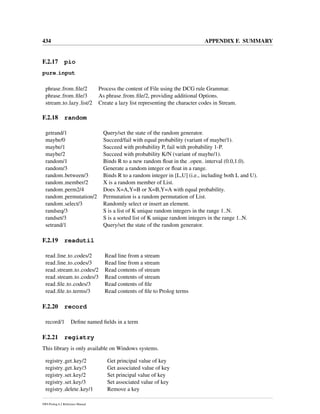 434 APPENDIX F. SUMMARY
F.2.17 pio
pure input
phrase from ﬁle/2 Process the content of File using the DCG rule Grammar.
phrase from ﬁle/3 As phrase from ﬁle/2, providing additional Options.
stream to lazy list/2 Create a lazy list representing the character codes in Stream.
F.2.18 random
getrand/1 Query/set the state of the random generator.
maybe/0 Succeed/fail with equal probability (variant of maybe/1).
maybe/1 Succeed with probability P, fail with probability 1-P.
maybe/2 Succeed with probability K/N (variant of maybe/1).
random/1 Binds R to a new random ﬂoat in the open interval (0.0,1.0).
random/3 Generate a random integer or ﬂoat in a range.
random between/3 Binds R to a random integer in [L,U] (i.e., including both L and U).
random member/2 X is a random member of List.
random perm2/4 Does X=A,Y=B or X=B,Y=A with equal probability.
random permutation/2 Permutation is a random permutation of List.
random select/3 Randomly select or insert an element.
randseq/3 S is a list of K unique random integers in the range 1..N.
randset/3 S is a sorted list of K unique random integers in the range 1..N.
setrand/1 Query/set the state of the random generator.
F.2.19 readutil
read line to codes/2 Read line from a stream
read line to codes/3 Read line from a stream
read stream to codes/2 Read contents of stream
read stream to codes/3 Read contents of stream
read ﬁle to codes/3 Read contents of ﬁle
read ﬁle to terms/3 Read contents of ﬁle to Prolog terms
F.2.20 record
record/1 Deﬁne named ﬁelds in a term
F.2.21 registry
This library is only available on Windows systems.
registry get key/2 Get principal value of key
registry get key/3 Get associated value of key
registry set key/2 Set principal value of key
registry set key/3 Set associated value of key
registry delete key/1 Remove a key
SWI-Prolog 6.2 Reference Manual
 
