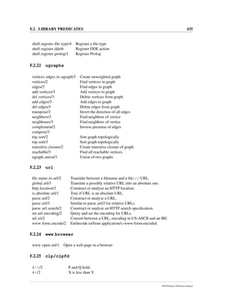 F.2. LIBRARY PREDICATES 435
shell register ﬁle type/4 Register a ﬁle-type
shell register dde/6 Register DDE action
shell register prolog/1 Register Prolog
F.2.22 ugraphs
vertices edges to ugraph/3 Create unweighted graph
vertices/2 Find vertices in graph
edges/2 Find edges in graph
add vertices/3 Add vertices to graph
del vertices/3 Delete vertices from graph
add edges/3 Add edges to graph
del edges/3 Delete edges from graph
transpose/2 Invert the direction of all edges
neighbors/3 Find neighbors of vertice
neighbours/3 Find neighbors of vertice
complement/2 Inverse presense of edges
compose/3
top sort/2 Sort graph topologically
top sort/3 Sort graph topologically
transitive closure/2 Create transitive closure of graph
reachable/3 Find all reachable vertices
ugraph union/3 Union of two graphs
F.2.23 url
ﬁle name to url/2 Translate between a ﬁlename and a ﬁle:// URL.
global url/3 Translate a possibly relative URL into an absolute one.
http location/2 Construct or analyze an HTTP location.
is absolute url/1 True if URL is an absolute URL.
parse url/2 Construct or analyse a URL.
parse url/3 Similar to parse url/2 for relative URLs.
parse url search/2 Construct or analyze an HTTP search speciﬁcation.
set url encoding/2 Query and set the encoding for URLs.
url iri/2 Convert between a URL, encoding in US-ASCII and an IRI.
www form encode/2 En/decode to/from application/x-www-form-encoded.
F.2.24 www browser
www open url/1 Open a web-page in a browser
F.2.25 clp/clpfd
#//2 P and Q hold.
#</2 X is less than Y.
SWI-Prolog 6.2 Reference Manual
 