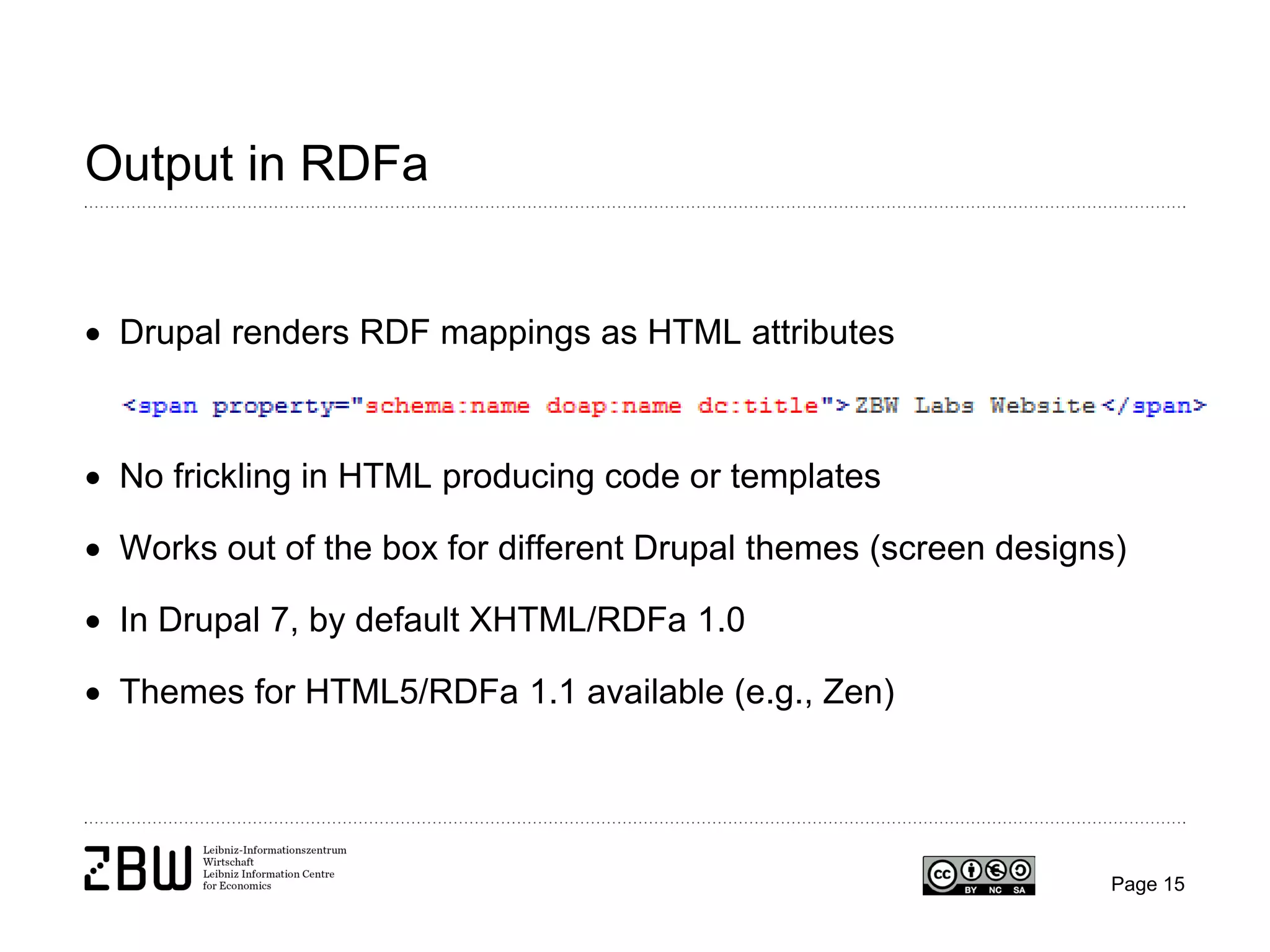 Output in RDFa
• Drupal renders RDF mappings as HTML attributes

• No frickling in HTML producing code or templates
• Works out of the box for different Drupal themes (screen designs)
• In Drupal 7, by default XHTML/RDFa 1.0
• Themes for HTML5/RDFa 1.1 available (e.g., Zen)

Page 15

 