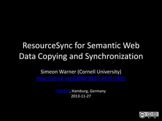 ResourceSync for Semantic Web
Data Copying and Synchronization
Simeon Warner (Cornell University)
http://orcid.org/0000-0002-7970-7855
SWIB13, Hamburg, Germany
2013-11-27

 