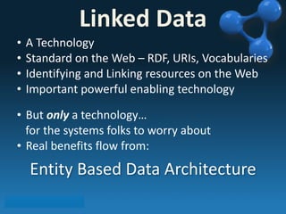 • A 
Linked 
Data 
Technology 
• Standard 
on 
the 
Web 
– 
RDF, 
URIs, 
Vocabularies 
• Identifying 
and 
Linking 
resources 
on 
the 
Web 
• Important 
powerful 
enabling 
technology 
• But 
only 
a 
technology… 
for 
the 
systems 
folks 
to 
worry 
about 
• Real 
benefits 
flow 
from: 
Entity 
Based 
Data 
Architecture 
 